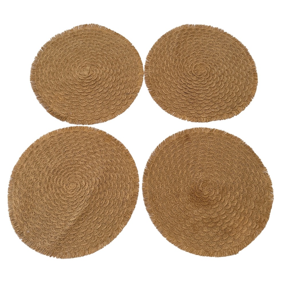 World Market Set of 4 Tan Round Woven Scalloped Fringed Placemats 15in‎